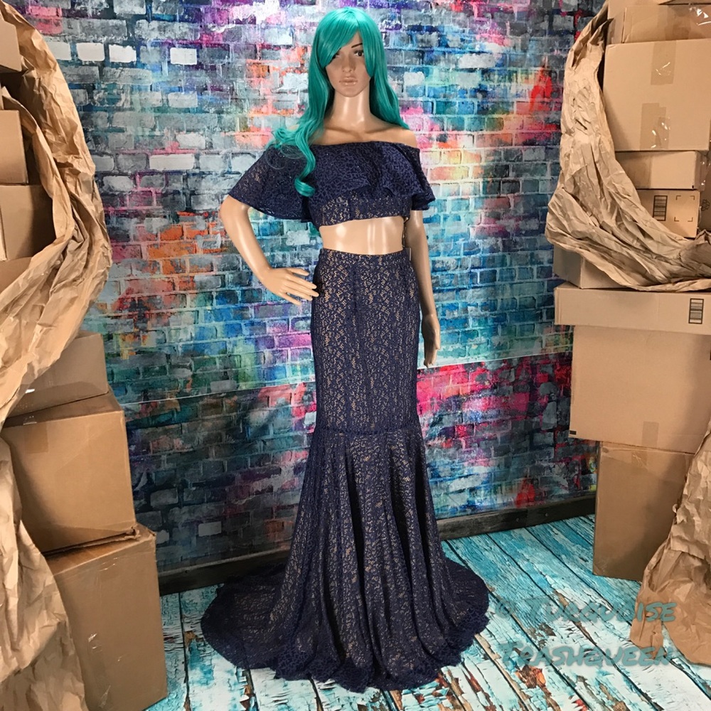 JOVANI Navy Lace Crop Top Dress! #JP49740